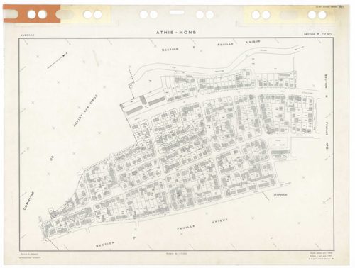ATHIS-MONS, plans minutes de conservation : tableau d'assemblage,1954, Ech. 1/10000 ; plans des sections Au, 1954, Ech. 1/5000, sections Bu, Cu, Du, Eu, Hu, Iu, Ku, Lu, Mu, Nu, Ou, Pu, Su, Tu, Vu, Wu, Xu, Yu, Zu, AB, AC, R1, R2, 1954, Ech. 1/1000. Polyest