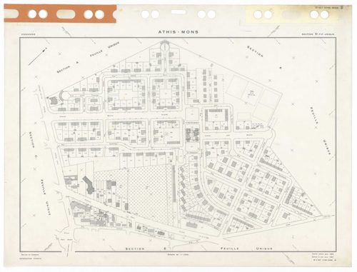 ATHIS-MONS, plans minutes de conservation : tableau d'assemblage,1954, Ech. 1/10000 ; plans des sections Au, 1954, Ech. 1/5000, sections Bu, Cu, Du, Eu, Hu, Iu, Ku, Lu, Mu, Nu, Ou, Pu, Su, Tu, Vu, Wu, Xu, Yu, Zu, AB, AC, R1, R2, 1954, Ech. 1/1000. Polyest