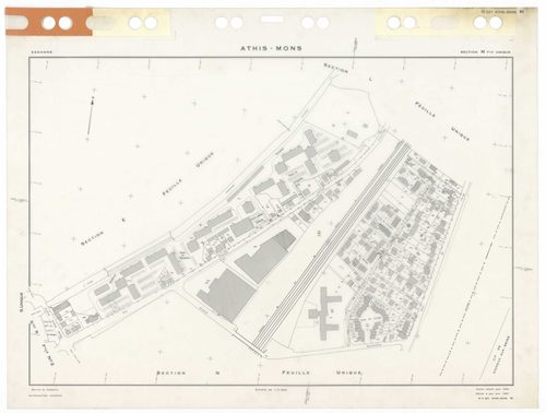 ATHIS-MONS, plans minutes de conservation : tableau d'assemblage,1954, Ech. 1/10000 ; plans des sections Au, 1954, Ech. 1/5000, sections Bu, Cu, Du, Eu, Hu, Iu, Ku, Lu, Mu, Nu, Ou, Pu, Su, Tu, Vu, Wu, Xu, Yu, Zu, AB, AC, R1, R2, 1954, Ech. 1/1000. Polyest