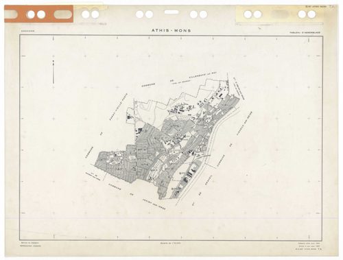 ATHIS-MONS, plans minutes de conservation : tableau d'assemblage,1954, Ech. 1/10000 ; plans des sections Au, 1954, Ech. 1/5000, sections Bu, Cu, Du, Eu, Hu, Iu, Ku, Lu, Mu, Nu, Ou, Pu, Su, Tu, Vu, Wu, Xu, Yu, Zu, AB, AC, R1, R2, 1954, Ech. 1/1000. Polyest