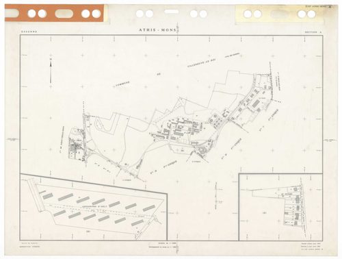 ATHIS-MONS, plans minutes de conservation : tableau d'assemblage,1954, Ech. 1/10000 ; plans des sections Au, 1954, Ech. 1/5000, sections Bu, Cu, Du, Eu, Hu, Iu, Ku, Lu, Mu, Nu, Ou, Pu, Su, Tu, Vu, Wu, Xu, Yu, Zu, AB, AC, R1, R2, 1954, Ech. 1/1000. Polyest