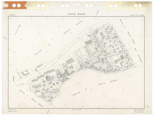 ATHIS-MONS, plans minutes de conservation : tableau d'assemblage,1954, Ech. 1/10000 ; plans des sections Au, 1954, Ech. 1/5000, sections Bu, Cu, Du, Eu, Hu, Iu, Ku, Lu, Mu, Nu, Ou, Pu, Su, Tu, Vu, Wu, Xu, Yu, Zu, AB, AC, R1, R2, 1954, Ech. 1/1000. Polyest