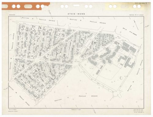 ATHIS-MONS, plans minutes de conservation : tableau d'assemblage,1954, Ech. 1/10000 ; plans des sections Au, 1954, Ech. 1/5000, sections Bu, Cu, Du, Eu, Hu, Iu, Ku, Lu, Mu, Nu, Ou, Pu, Su, Tu, Vu, Wu, Xu, Yu, Zu, AB, AC, R1, R2, 1954, Ech. 1/1000. Polyest