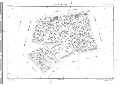 ATHIS-MONS .- Tirage de 1908 (23 feuilles numérotées de 1-23) ; plan d'ensemble d'Athis et Mons d'après l'ancien cadastre de 1812 ; tirage de 1933 plan du tableau d'assemblage ; tirage de 1934 (6 feuilles numérotées 12a, 12b, 15a, 15b, 15c, 18a) ; plan d'