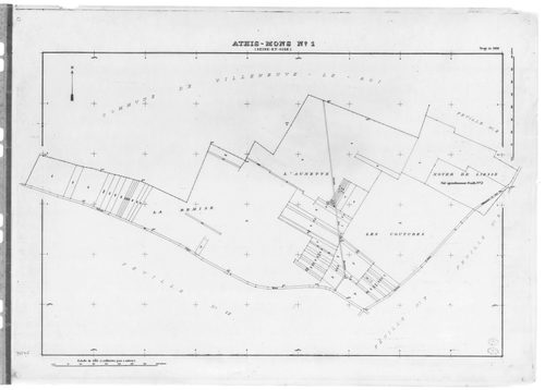 ATHIS-MONS .- Tirage de 1908 (23 feuilles numérotées de 1-23) ; plan d'ensemble d'Athis et Mons d'après l'ancien cadastre de 1812 ; tirage de 1933 plan du tableau d'assemblage ; tirage de 1934 (6 feuilles numérotées 12a, 12b, 15a, 15b, 15c, 18a) ; plan d'