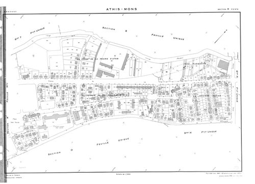 ATHIS-MONS .- Tirage de 1908 (23 feuilles numérotées de 1-23) ; plan d'ensemble d'Athis et Mons d'après l'ancien cadastre de 1812 ; tirage de 1933 plan du tableau d'assemblage ; tirage de 1934 (6 feuilles numérotées 12a, 12b, 15a, 15b, 15c, 18a) ; plan d'