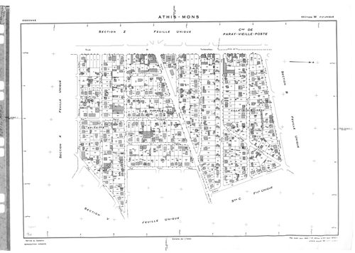 ATHIS-MONS .- Tirage de 1908 (23 feuilles numérotées de 1-23) ; plan d'ensemble d'Athis et Mons d'après l'ancien cadastre de 1812 ; tirage de 1933 plan du tableau d'assemblage ; tirage de 1934 (6 feuilles numérotées 12a, 12b, 15a, 15b, 15c, 18a) ; plan d'