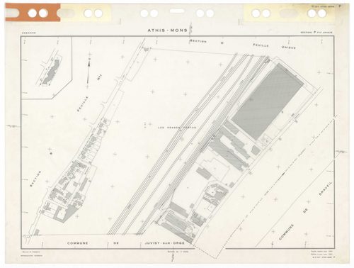 ATHIS-MONS, plans minutes de conservation : tableau d'assemblage,1954, Ech. 1/10000 ; plans des sections Au, 1954, Ech. 1/5000, sections Bu, Cu, Du, Eu, Hu, Iu, Ku, Lu, Mu, Nu, Ou, Pu, Su, Tu, Vu, Wu, Xu, Yu, Zu, AB, AC, R1, R2, 1954, Ech. 1/1000. Polyest