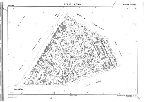 ATHIS-MONS .- Tirage de 1908 (23 feuilles numérotées de 1-23) ; plan d'ensemble d'Athis et Mons d'après l'ancien cadastre de 1812 ; tirage de 1933 plan du tableau d'assemblage ; tirage de 1934 (6 feuilles numérotées 12a, 12b, 15a, 15b, 15c, 18a) ; plan d'