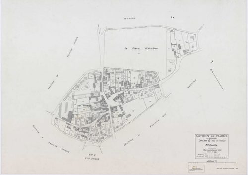 AUTHON-LA-PLAINE, plans minutes de conservation : tableau d'assemblage,1933, Ech. 1/10000 ; plans des section B1, 1933, Ech. 1/2500, section B3, 1933, Ech. 1/1250, sections W, X, Y, Z, 1956, Ech. 1/2000, sections ZB, ZC, 1994, Ech. 1/2000, sections ZD, ZE