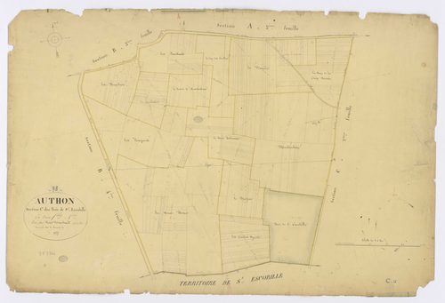 AUTHON-LA-PLAINE. -Section C - Bois de Saint-Escobille, 1, ech. 1/2500, coul., aquarelle, papier, 68x102 (1827). 