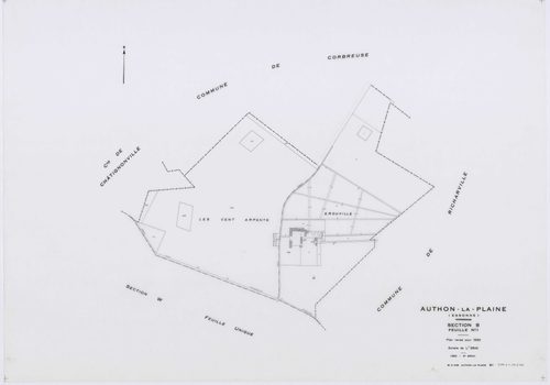 AUTHON-LA-PLAINE, plans minutes de conservation : tableau d'assemblage,1933, Ech. 1/10000 ; plans des section B1, 1933, Ech. 1/2500, section B3, 1933, Ech. 1/1250, sections W, X, Y, Z, 1956, Ech. 1/2000, sections ZB, ZC, 1994, Ech. 1/2000, sections ZD, ZE