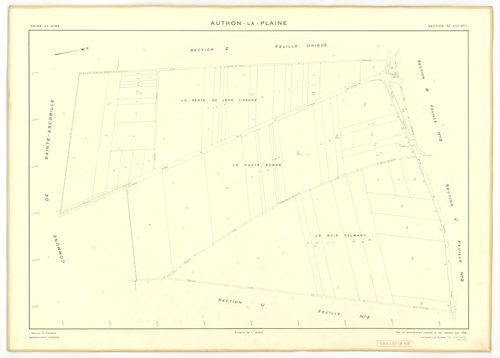 Plans minutes de conservation : AUTHON-LA-PLAINE : tableau d'assemblage, ech. 1/10000 (1933), section B3, ech. 1/1250 (1933), sections B1, U1, U2, V1, V2, W, X, Y, Z, ech. 1/2000 (1956) ; section ZA, ech. 1/2000 (1961), NB, papier, 105x80 [12 plans]. 