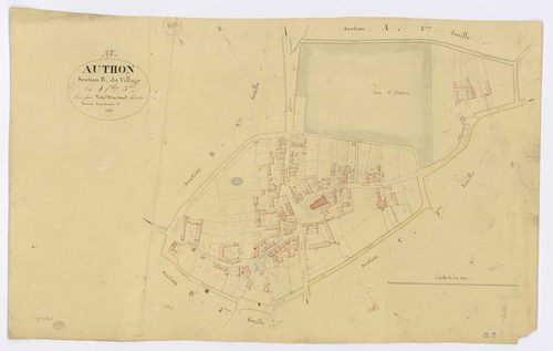 AUTHON-LA-PLAINE. -Section B - Village (le), 3, ech. 1/1250, coul., aquarelle, papier, 62x98 (1827). 