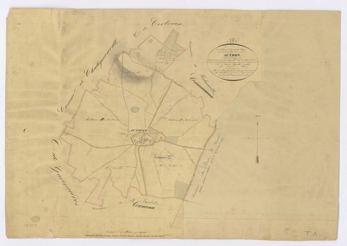 AUTHON-LA-PLAINE. -Plan d'assemblage, ech. 1/10000, coul., aquarelle, papier, 60x85 (1827). 