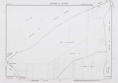 AUTHON-LA-PLAINE, plans minutes de conservation : tableau d'assemblage,1933, Ech. 1/10000 ; plans des section B1, 1933, Ech. 1/2500, section B3, 1933, Ech. 1/1250, sections W, X, Y, Z, 1956, Ech. 1/2000, sections ZB, ZC, 1994, Ech. 1/2000, sections ZD, ZE