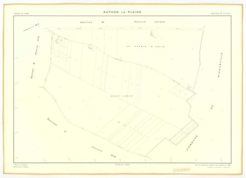 Plans minutes de conservation : AUTHON-LA-PLAINE : tableau d'assemblage, ech. 1/10000 (1933), section B3, ech. 1/1250 (1933), sections B1, U1, U2, V1, V2, W, X, Y, Z, ech. 1/2000 (1956) ; section ZA, ech. 1/2000 (1961), NB, papier, 105x80 [12 plans]. 