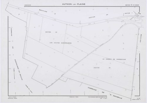 AUTHON-LA-PLAINE, plans minutes de conservation : tableau d'assemblage,1933, Ech. 1/10000 ; plans des section B1, 1933, Ech. 1/2500, section B3, 1933, Ech. 1/1250, sections W, X, Y, Z, 1956, Ech. 1/2000, sections ZB, ZC, 1994, Ech. 1/2000, sections ZD, ZE