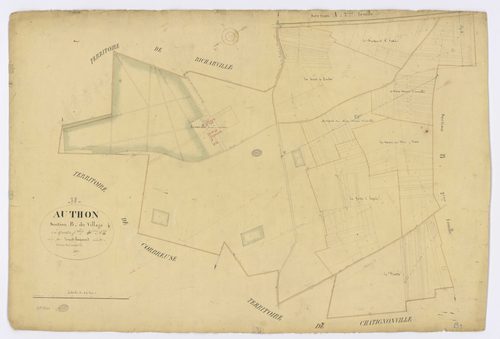 AUTHON-LA-PLAINE. -Section B - Village (le), 1, ech. 1/2500, coul., aquarelle, papier, 68x100 (1827). 