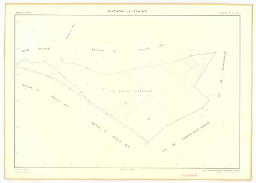 Plans minutes de conservation : AUTHON-LA-PLAINE : tableau d'assemblage, ech. 1/10000 (1933), section B3, ech. 1/1250 (1933), sections B1, U1, U2, V1, V2, W, X, Y, Z, ech. 1/2000 (1956) ; section ZA, ech. 1/2000 (1961), NB, papier, 105x80 [12 plans]. 