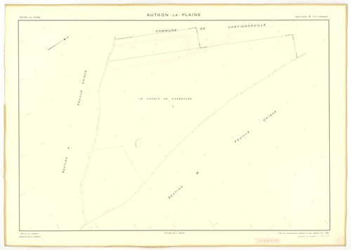 Plans minutes de conservation : AUTHON-LA-PLAINE : tableau d'assemblage, ech. 1/10000 (1933), section B3, ech. 1/1250 (1933), sections B1, U1, U2, V1, V2, W, X, Y, Z, ech. 1/2000 (1956) ; section ZA, ech. 1/2000 (1961), NB, papier, 105x80 [12 plans]. 