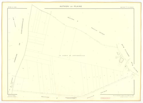 Plans minutes de conservation : AUTHON-LA-PLAINE : tableau d'assemblage, ech. 1/10000 (1933), section B3, ech. 1/1250 (1933), sections B1, U1, U2, V1, V2, W, X, Y, Z, ech. 1/2000 (1956) ; section ZA, ech. 1/2000 (1961), NB, papier, 105x80 [12 plans]. 