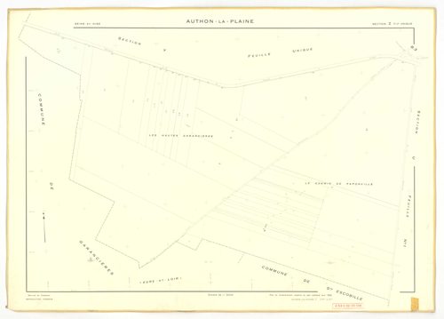 Plans minutes de conservation : AUTHON-LA-PLAINE : tableau d'assemblage, ech. 1/10000 (1933), section B3, ech. 1/1250 (1933), sections B1, U1, U2, V1, V2, W, X, Y, Z, ech. 1/2000 (1956) ; section ZA, ech. 1/2000 (1961), NB, papier, 105x80 [12 plans]. 