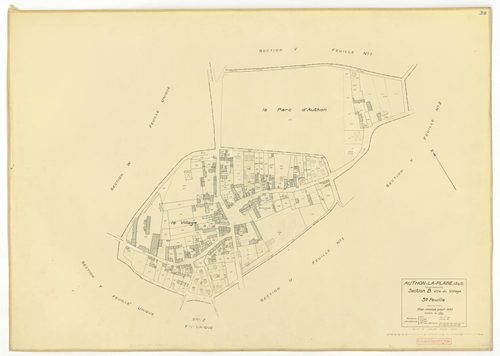 Plans minutes de conservation : AUTHON-LA-PLAINE : tableau d'assemblage, ech. 1/10000 (1933), section B3, ech. 1/1250 (1933), sections B1, U1, U2, V1, V2, W, X, Y, Z, ech. 1/2000 (1956) ; section ZA, ech. 1/2000 (1961), NB, papier, 105x80 [12 plans]. 