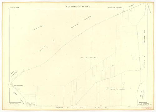 Plans minutes de conservation : AUTHON-LA-PLAINE : tableau d'assemblage, ech. 1/10000 (1933), section B3, ech. 1/1250 (1933), sections B1, U1, U2, V1, V2, W, X, Y, Z, ech. 1/2000 (1956) ; section ZA, ech. 1/2000 (1961), NB, papier, 105x80 [12 plans]. 