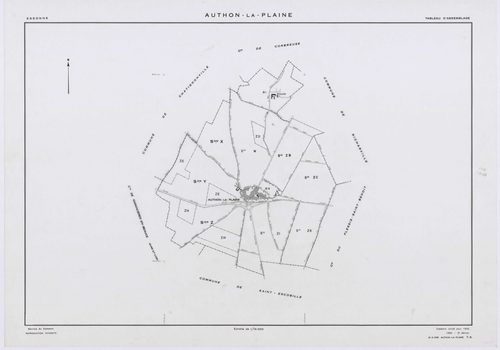 AUTHON-LA-PLAINE, plans minutes de conservation : tableau d'assemblage,1933, Ech. 1/10000 ; plans des section B1, 1933, Ech. 1/2500, section B3, 1933, Ech. 1/1250, sections W, X, Y, Z, 1956, Ech. 1/2000, sections ZB, ZC, 1994, Ech. 1/2000, sections ZD, ZE