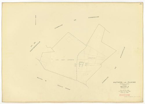 Plans minutes de conservation : AUTHON-LA-PLAINE : tableau d'assemblage, ech. 1/10000 (1933), section B3, ech. 1/1250 (1933), sections B1, U1, U2, V1, V2, W, X, Y, Z, ech. 1/2000 (1956) ; section ZA, ech. 1/2000 (1961), NB, papier, 105x80 [12 plans]. 