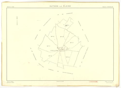 Plans minutes de conservation : AUTHON-LA-PLAINE : tableau d'assemblage, ech. 1/10000 (1933), section B3, ech. 1/1250 (1933), sections B1, U1, U2, V1, V2, W, X, Y, Z, ech. 1/2000 (1956) ; section ZA, ech. 1/2000 (1961), NB, papier, 105x80 [12 plans]. 
