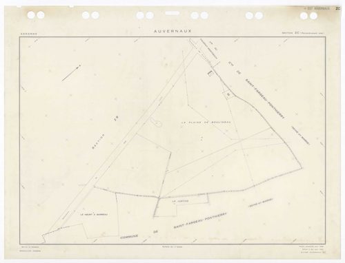 AUVERNAUX, plans minutes de conservation : tableau d'assemblage,1932, Ech. 1/5000 ; plans des sections A1, A3, B1, B2, 1932, Ech. 1/1250, sections ZA, ZB, ZC, 1966, Ech. 1/2000. Polyester. N et B. Dim. 105 x 80 cm [8 plans]. 