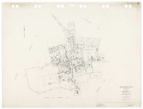 AUVERNAUX, plans minutes de conservation : tableau d'assemblage,1932, Ech. 1/5000 ; plans des sections A1, A3, B1, B2, 1932, Ech. 1/1250, sections ZA, ZB, ZC, 1966, Ech. 1/2000. Polyester. N et B. Dim. 105 x 80 cm [8 plans]. 