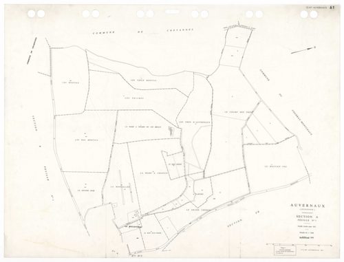 AUVERNAUX, plans minutes de conservation : tableau d'assemblage,1932, Ech. 1/5000 ; plans des sections A1, A3, B1, B2, 1932, Ech. 1/1250, sections ZA, ZB, ZC, 1966, Ech. 1/2000. Polyester. N et B. Dim. 105 x 80 cm [8 plans]. 