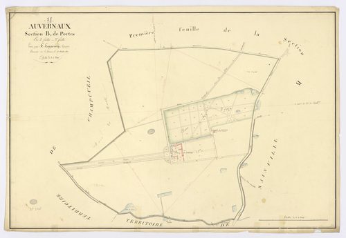 AUVERNAUX. -Section B, Portes 2, ech. 1/2500, coul., aquarelle, papier, 67x97 (1823). 