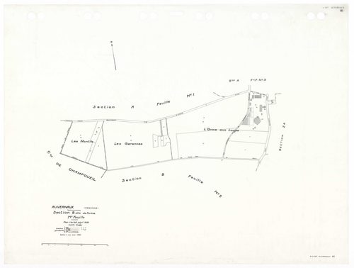 AUVERNAUX, plans minutes de conservation : tableau d'assemblage,1932, Ech. 1/5000 ; plans des sections A1, A3, B1, B2, 1932, Ech. 1/1250, sections ZA, ZB, ZC, 1966, Ech. 1/2000. Polyester. N et B. Dim. 105 x 80 cm [8 plans]. 