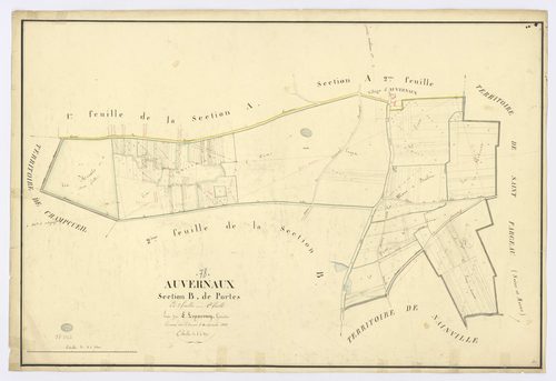AUVERNAUX. -Section B, Portes 1, ech. 1/2500, coul., aquarelle, papier, 67x98 (1823). 