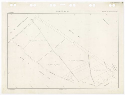 AUVERNAUX, plans minutes de conservation : tableau d'assemblage,1932, Ech. 1/5000 ; plans des sections A1, A3, B1, B2, 1932, Ech. 1/1250, sections ZA, ZB, ZC, 1966, Ech. 1/2000. Polyester. N et B. Dim. 105 x 80 cm [8 plans]. 