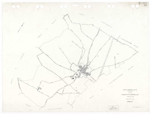 AUVERNAUX, plans minutes de conservation : tableau d'assemblage,1932, Ech. 1/5000 ; plans des sections A1, A3, B1, B2, 1932, Ech. 1/1250, sections ZA, ZB, ZC, 1966, Ech. 1/2000. Polyester. N et B. Dim. 105 x 80 cm [8 plans]. 