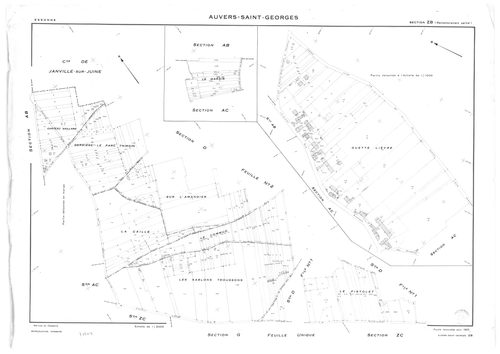 AUVERS-SAINT-GEORGES.- Cadastre révisé pour 1963 : plan du tableau d'assemblage, plans de la section AB, section AC, section AD, section D 1ère feuille, section D 2ème feuille, section F, section G, section ZA, section ZB, section ZC, section ZD, section 
