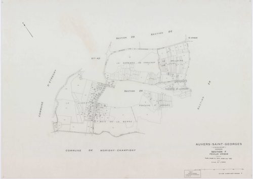 AUVERS-SAINT-GEORGES, plans minutes de conservation : tableau d'assemblage,1963, Ech. 1/10000 ; plans des sections D1, D2, F, G, 1963, Ech. 1/2500, sections AB, AC, ZA, ZD, 1963, Ech. 1/1000, sections AD, ZB, ZC, ZE, ZH, ZI, ZK, 1963, Ech. 1/2000. Polyest