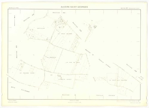 Plans minutes de conservation : AUVERS-SAINT-GEORGES : tableau d'assemblage, ech. 1/10000 (1963), sections ZE, ZH, ZI, ech. 1/2000 (1960) ; sections D1, D2, F, G, ech. 1/2500 (1963), sections AB, AC, ZA, ZD, ech. 1/1000 (1963), sections AD, ZB, ZC, ZE, ZH