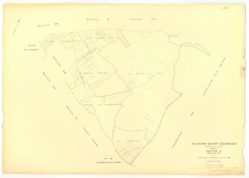 Plans minutes de conservation : AUVERS-SAINT-GEORGES : tableau d'assemblage, ech. 1/10000 (1963), sections ZE, ZH, ZI, ech. 1/2000 (1960) ; sections D1, D2, F, G, ech. 1/2500 (1963), sections AB, AC, ZA, ZD, ech. 1/1000 (1963), sections AD, ZB, ZC, ZE, ZH