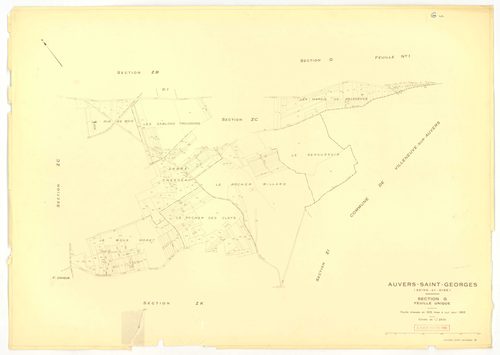 Plans minutes de conservation : AUVERS-SAINT-GEORGES : tableau d'assemblage, ech. 1/10000 (1963), sections ZE, ZH, ZI, ech. 1/2000 (1960) ; sections D1, D2, F, G, ech. 1/2500 (1963), sections AB, AC, ZA, ZD, ech. 1/1000 (1963), sections AD, ZB, ZC, ZE, ZH