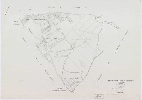 AUVERS-SAINT-GEORGES, plans minutes de conservation : tableau d'assemblage,1963, Ech. 1/10000 ; plans des sections D1, D2, F, G, 1963, Ech. 1/2500, sections AB, AC, ZA, ZD, 1963, Ech. 1/1000, sections AD, ZB, ZC, ZE, ZH, ZI, ZK, 1963, Ech. 1/2000. Polyest