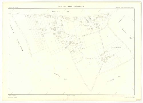 Plans minutes de conservation : AUVERS-SAINT-GEORGES : tableau d'assemblage, ech. 1/10000 (1963), sections ZE, ZH, ZI, ech. 1/2000 (1960) ; sections D1, D2, F, G, ech. 1/2500 (1963), sections AB, AC, ZA, ZD, ech. 1/1000 (1963), sections AD, ZB, ZC, ZE, ZH