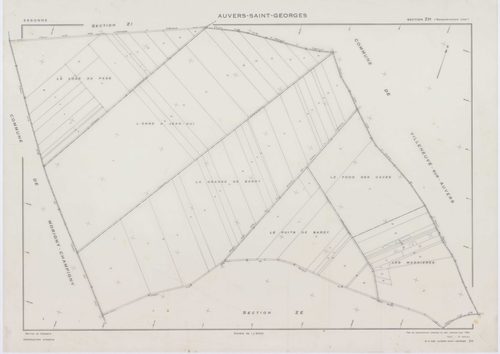 AUVERS-SAINT-GEORGES, plans minutes de conservation : tableau d'assemblage,1963, Ech. 1/10000 ; plans des sections D1, D2, F, G, 1963, Ech. 1/2500, sections AB, AC, ZA, ZD, 1963, Ech. 1/1000, sections AD, ZB, ZC, ZE, ZH, ZI, ZK, 1963, Ech. 1/2000. Polyest