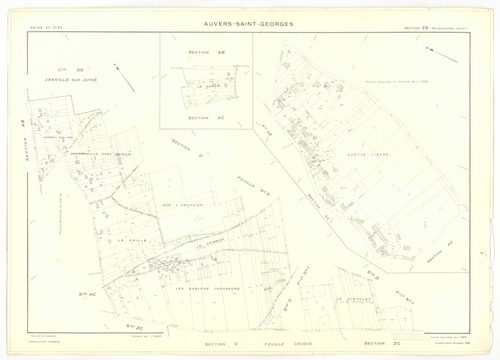 Plans minutes de conservation : AUVERS-SAINT-GEORGES : tableau d'assemblage, ech. 1/10000 (1963), sections ZE, ZH, ZI, ech. 1/2000 (1960) ; sections D1, D2, F, G, ech. 1/2500 (1963), sections AB, AC, ZA, ZD, ech. 1/1000 (1963), sections AD, ZB, ZC, ZE, ZH