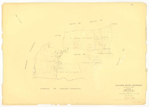 Plans minutes de conservation : AUVERS-SAINT-GEORGES : tableau d'assemblage, ech. 1/10000 (1963), sections ZE, ZH, ZI, ech. 1/2000 (1960) ; sections D1, D2, F, G, ech. 1/2500 (1963), sections AB, AC, ZA, ZD, ech. 1/1000 (1963), sections AD, ZB, ZC, ZE, ZH